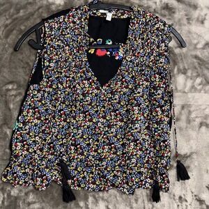 Derek Lam 10 Crosby Silk Floral Boho Blouse Women's Small Tassel Tie Cottagecore